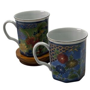 Japanese Vintage Octagon Shaped Gold Trim Coffee Tea Cups with Peonies and Birds